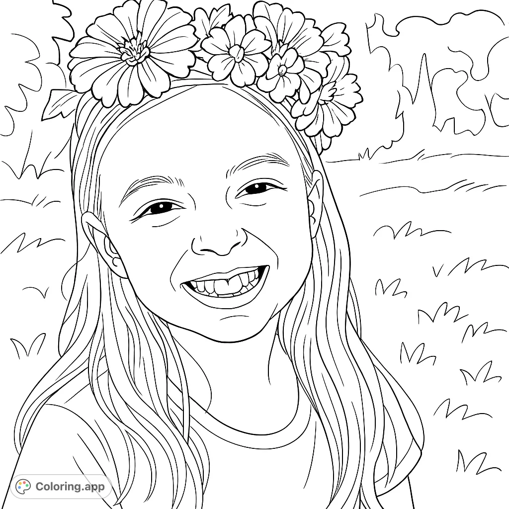 A joyful girl wearing a beautiful flower crown smiles, offering a delightful and expressive portrait for creative coloring. Perfect for nature and portrait enthusiasts.