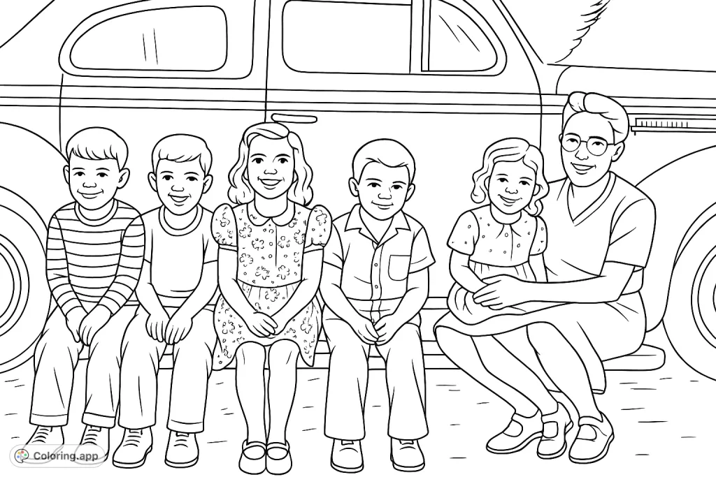 A heartwarming vintage scene featuring an adult and five children posing happily in front of a classic car. Perfect for capturing nostalgic moments.