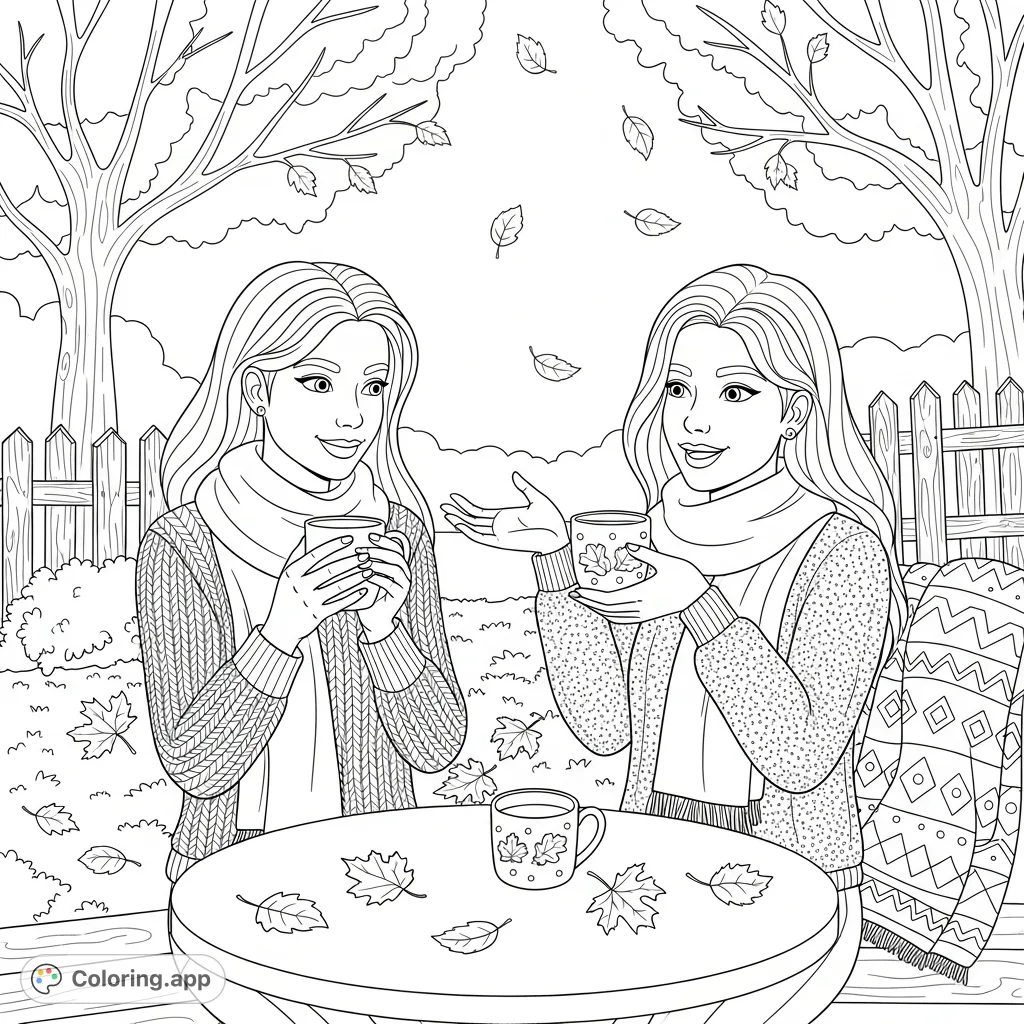 Cozy autumn scene featuring two best friends enjoying coffee amidst fallen leaves and rustic charm. A perfect free printable coloring page for relaxation.
