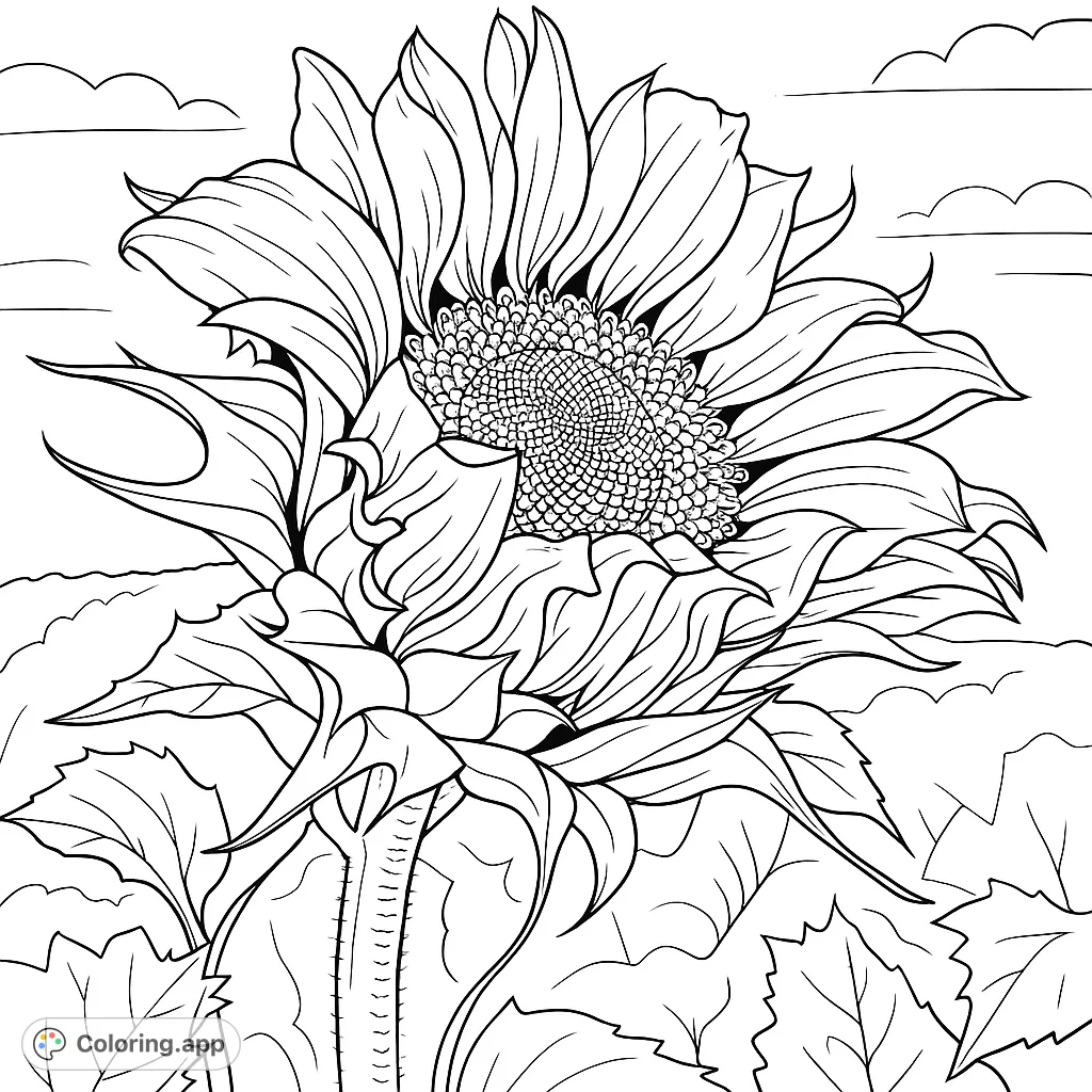 A majestic sunflower unfurls its petals and reveals its intricate seed head. Perfect for nature lovers and those seeking a detailed floral coloring challenge.