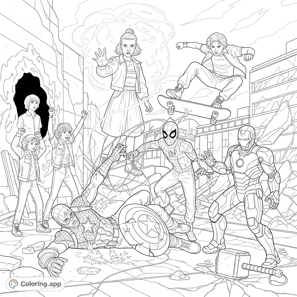 Witness an epic crossover as Stranger Things characters, led by Eleven, overpower Marvel heroes in a devastated urban landscape. A thrilling, action-packed scene.