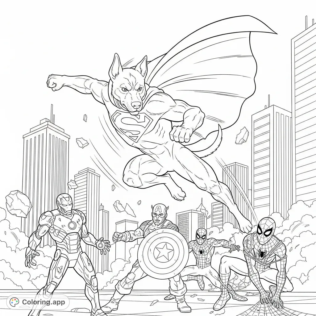 Witness an epic showdown as a super dog takes on iconic Marvel characters! Unleash your creativity on this action-packed scene, perfect for fans of canine heroes and comic book battles.