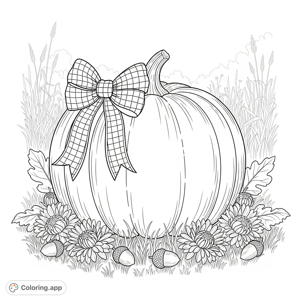 Capture the essence of autumn with this charming pumpkin coloring page. Features a large, textured pumpkin, checkered ribbon, chrysanthemums, and acorns.