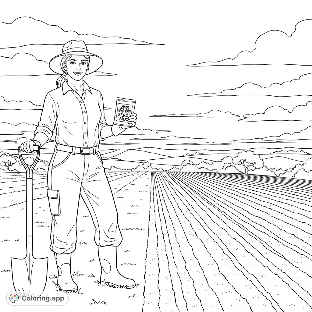 A delightful gardening lady stands with her shovel and seed mix beside a freshly plowed garden, set against a serene field and distant hills. Perfect for nature lovers.