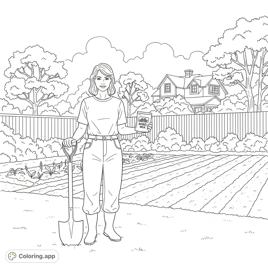 A woman stands in her home garden, holding a shovel and seed mix, ready to plant. Features a freshly plowed garden bed and a charming backyard scene.