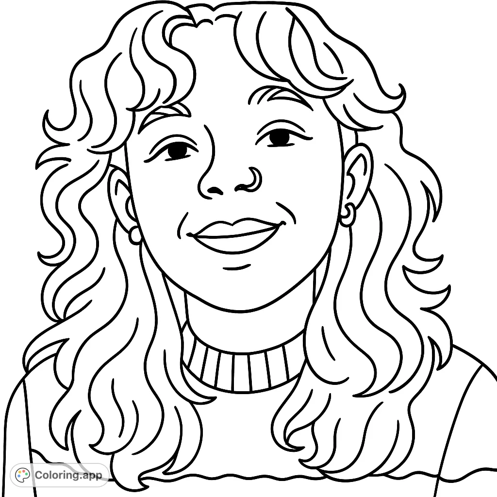 A cartoony portrait of a smiling woman with voluminous curly hair and distinctive facial piercings, offering a fun and engaging coloring experience.
