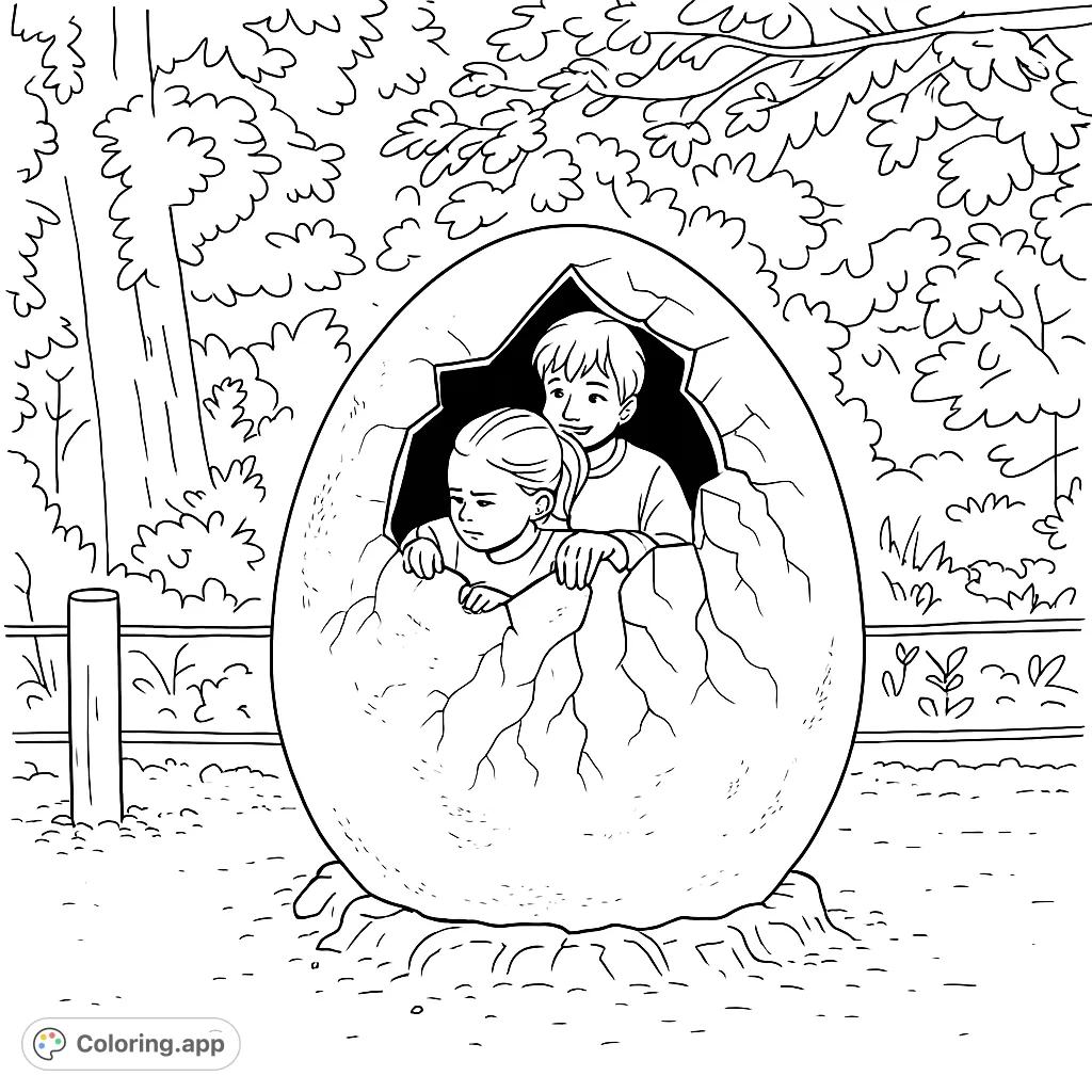 Two curious children emerge from a giant cracked egg, ready for adventure! A fun dinosaur-themed scene for young explorers to color and imagine.
