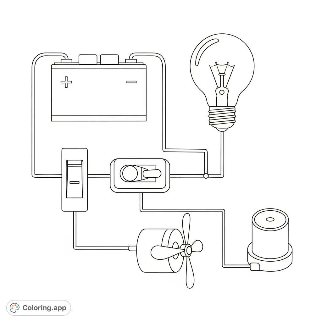 Explore the basics of electricity with this clear electrical circuit coloring page, featuring a battery, light bulb, switch, motor, and buzzer.