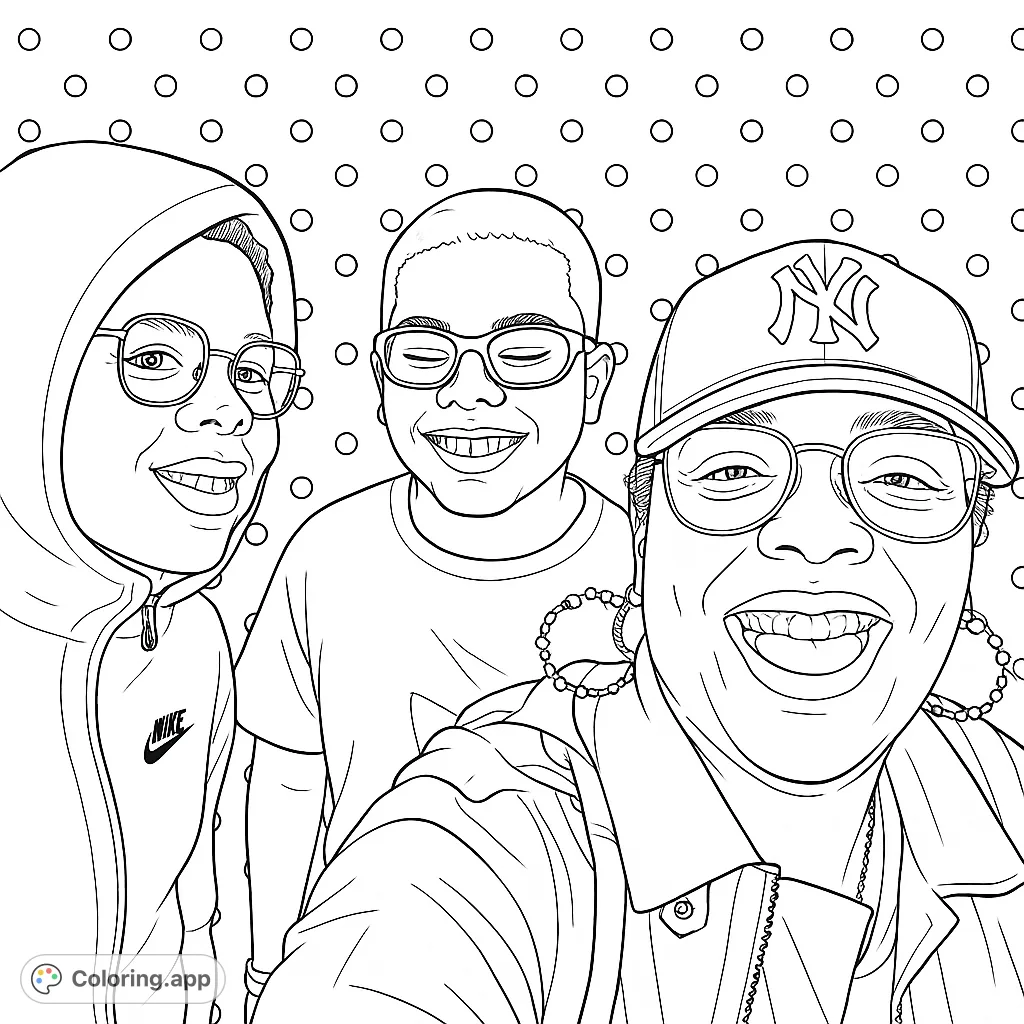 A heartwarming group portrait of three smiling individuals in a gym setting, captured with realistic proportions and a playful polka dot background.