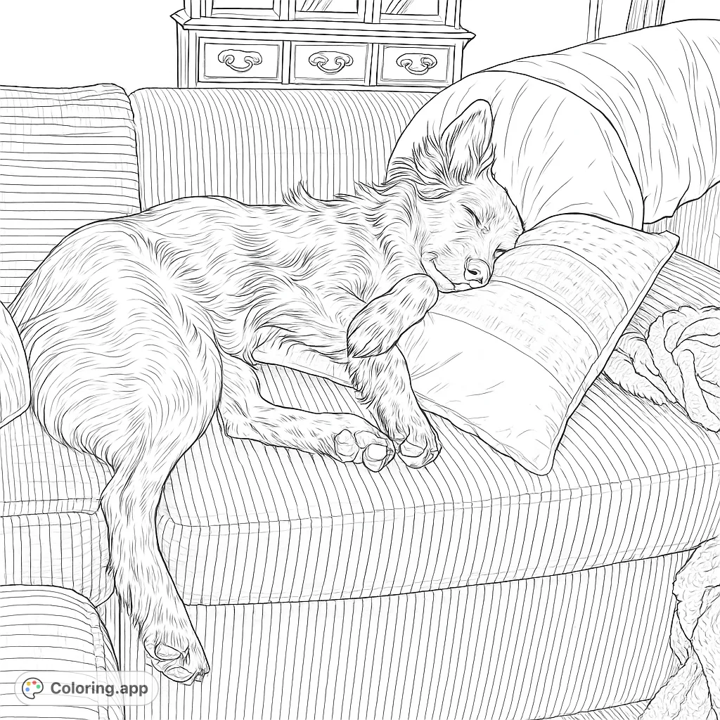 A tranquil sleeping dog rests on a ribbed sofa, surrounded by pillows and a cozy blanket. A detailed dog coloring page for pet lovers. Free printable coloring page.