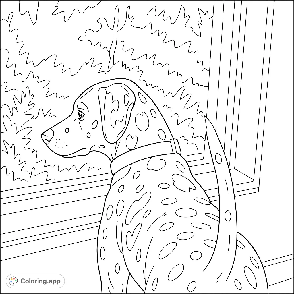 A delightful Dalmatian gazes wistfully out a window at a lush outdoor scene. This whimsical Dalmatian coloring page offers a charming, free printable activity for all ages.