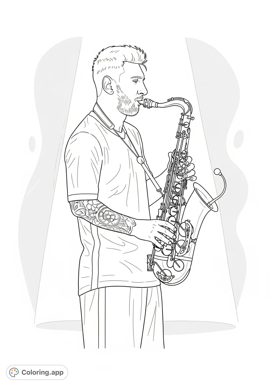 Color the iconic soccer star Lionel Messi as he swaps the field for a stage, skillfully playing a saxophone. A unique blend of sports and music.
