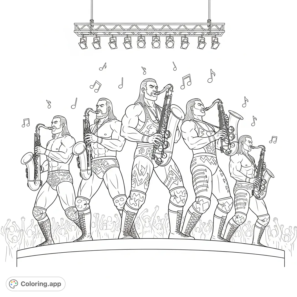 An action-packed WWE wrestlers playing saxophone coloring page. Muscular figures in detailed outfits jam on various saxophones on a stage, ready for your artistic touch.