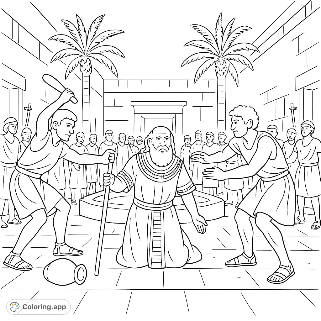An elder kneels in a courtyard, facing a hostile crowd armed with a club and stone. A dramatic scene depicting a moment of confrontation.