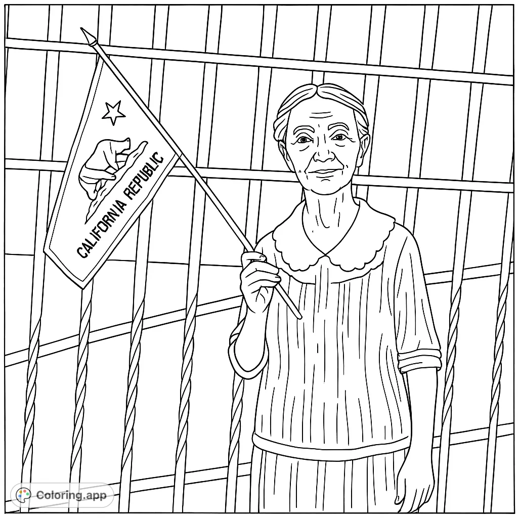 Color this historical scene featuring an elderly woman proudly holding a flag with a bear emblem. A detailed iron fence and textured wall complete the dignified portrait.