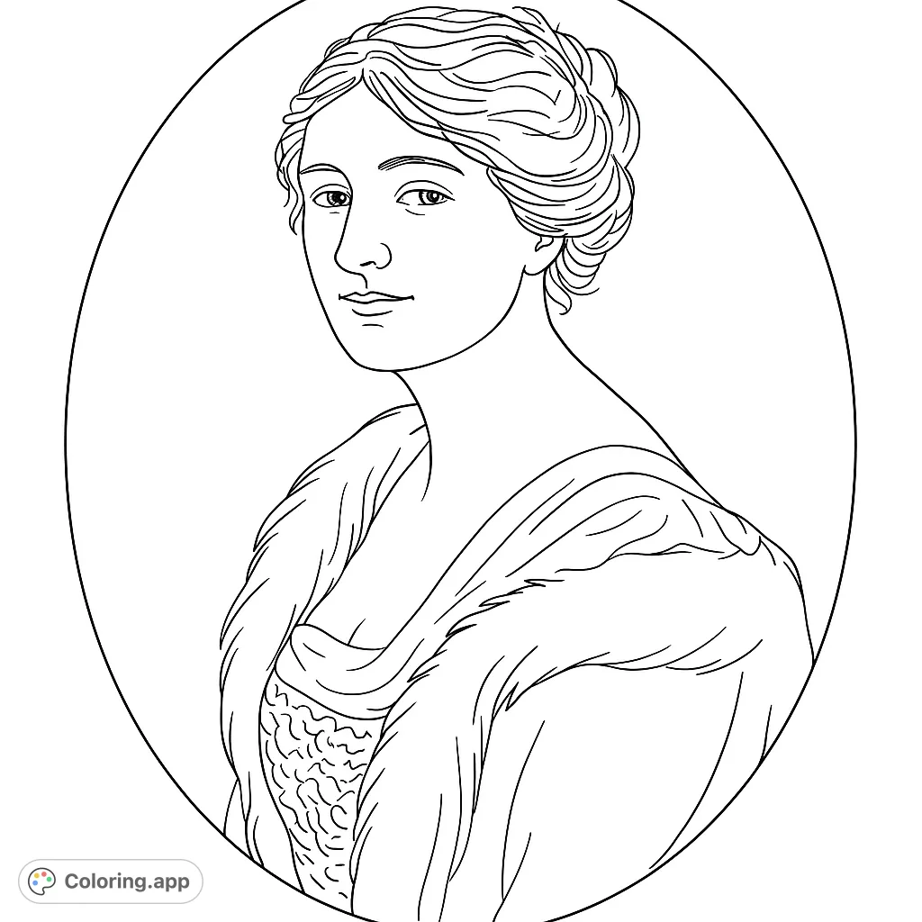 An elegant lady portrait in an oval frame, featuring a woman with an intricate updo and a plush stole. Perfect for a classic coloring experience.