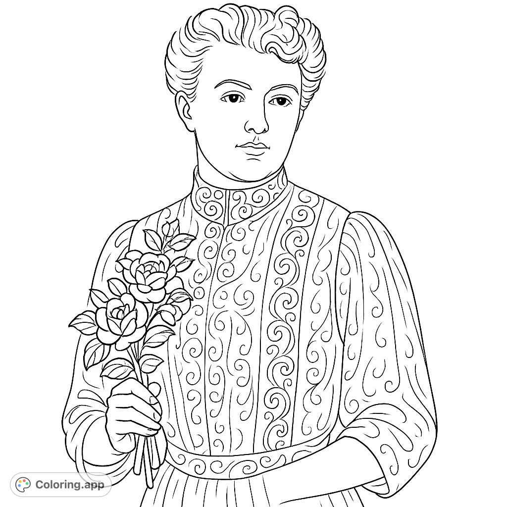 An elegant woman's portrait featuring intricate lace patterns and a prominent floral brooch. A detailed design, perfect for a relaxing coloring experience.