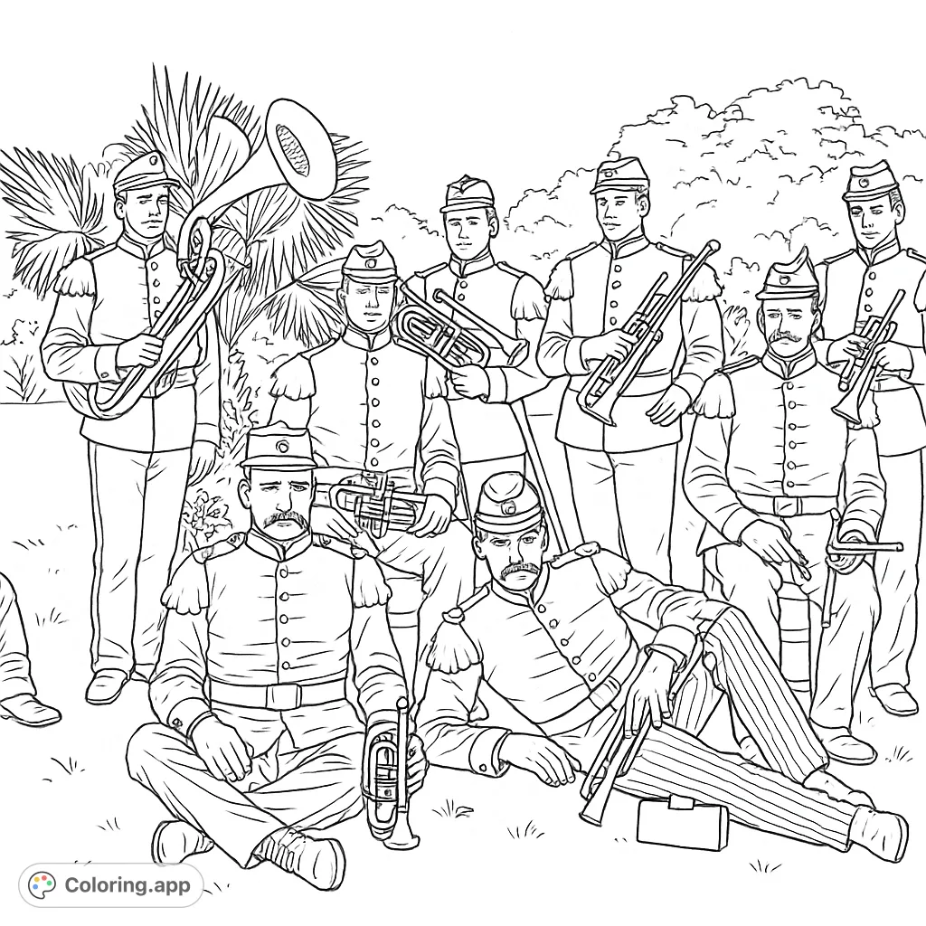 A captivating historic brass band ensemble coloring page featuring musicians in detailed uniforms with various instruments. Perfect for history enthusiasts.