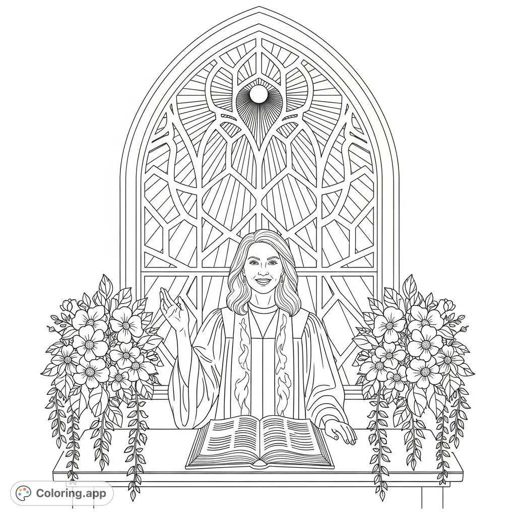 Color Reverend Jennifer Spear delivering an inspiring message. This detailed page captures her presence behind a podium with symbolic background elements.