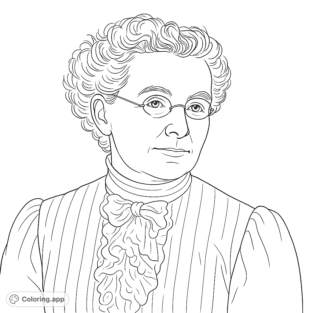 Capture the elegance of a bygone era with this vintage woman portrait. Features intricate curly hair, delicate spectacles, and a ruffled blouse. Perfect for detailed coloring.