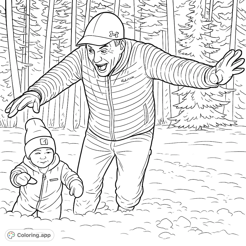 A joyful winter scene featuring an adult playfully chasing a happy child through fresh snow, surrounded by evergreen trees. Perfect for a cozy coloring session.