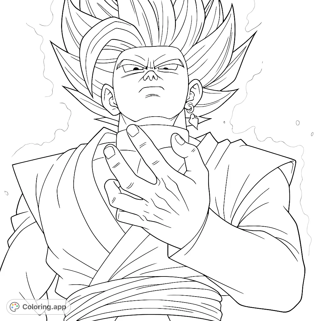 Unleash your creativity with this intense anime warrior coloring page, featuring a powerful character with spiky hair and glowing energy. Perfect for fans!