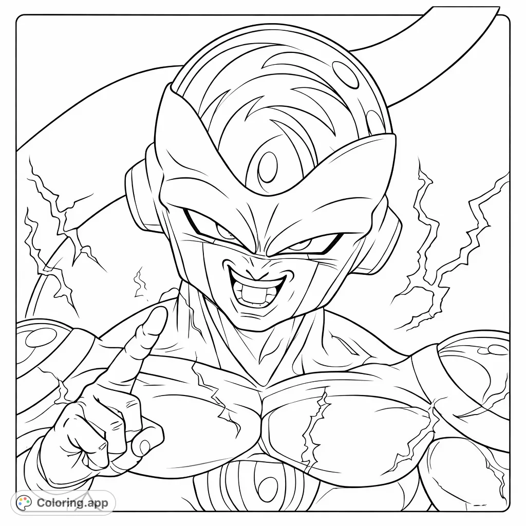 Unleash your creativity on this dynamic coloring page featuring a powerful, grinning cosmic emperor. Detailed armor, energy effects, and a mischievous pose await your artistic touch!