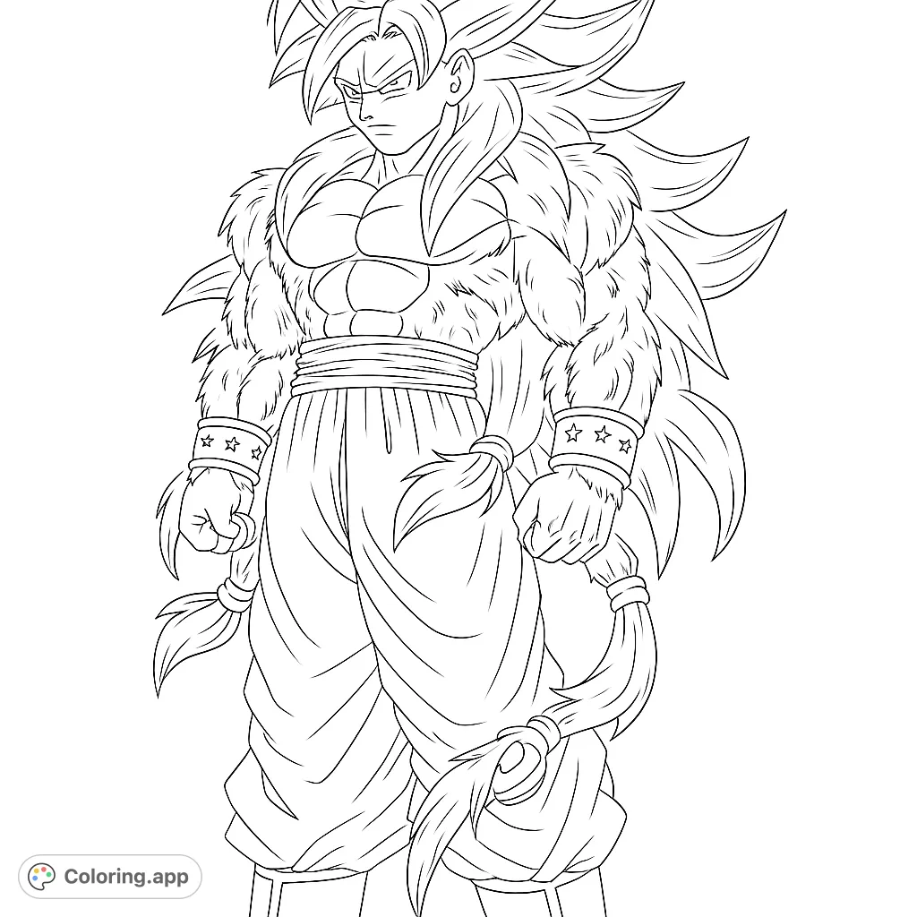 Color a powerful anime warrior with massive spiky hair, a fur-like physique, and intense expression. Perfect for fans of action-packed sagas.