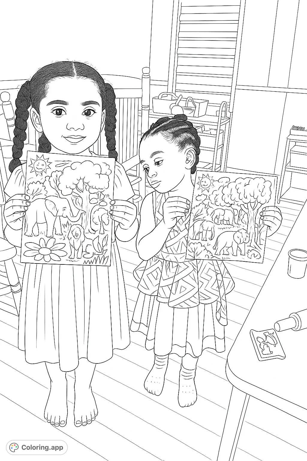 Discover a delightful jungle scene featuring an elephant, lion, monkey, butterfly, and smiling sun. A perfect free printable safari animal coloring page for kids.