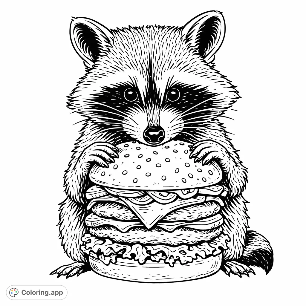 A charming raccoon delightedly clutches a towering hamburger in a retro style. This moderately detailed, free printable raccoon hamburger coloring page offers creative fun!