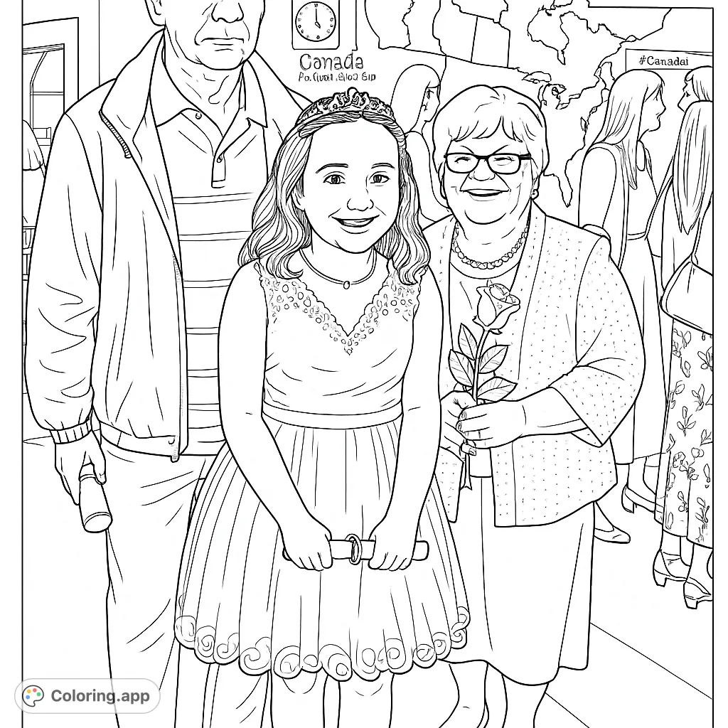 A joyful graduation scene featuring a girl in a formal dress with a tiara, posing with an older man and woman, all smiling amidst a celebratory backdrop.