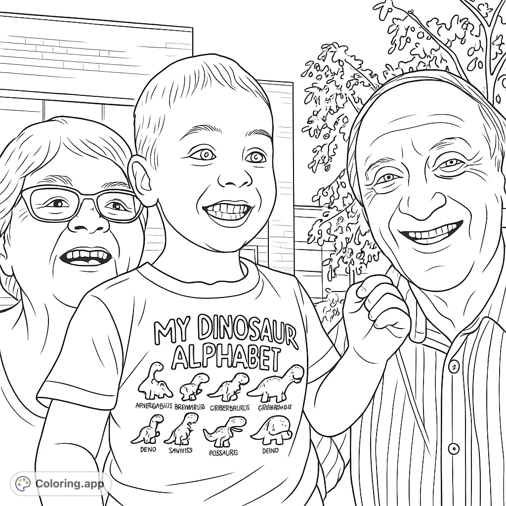 Capture a heartwarming moment with grandparents and their happy grandchild. This family coloring page features broad smiles and a fun dinosaur shirt for creative expression.