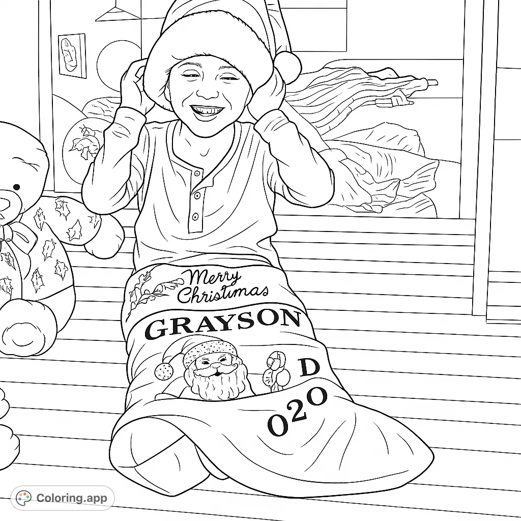 A heartwarming Christmas scene featuring a happy child wearing a Santa hat and nestled inside a festive, personalized stocking by the fireplace. Perfect for holiday cheer!