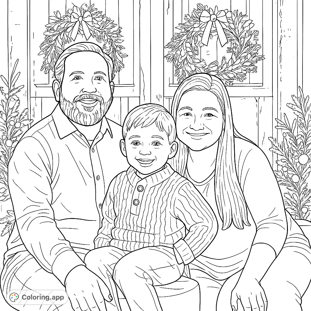 Capture the warmth of a family with this festive portrait coloring page. Features smiling parents and child against a backdrop of wreaths and holiday trees.