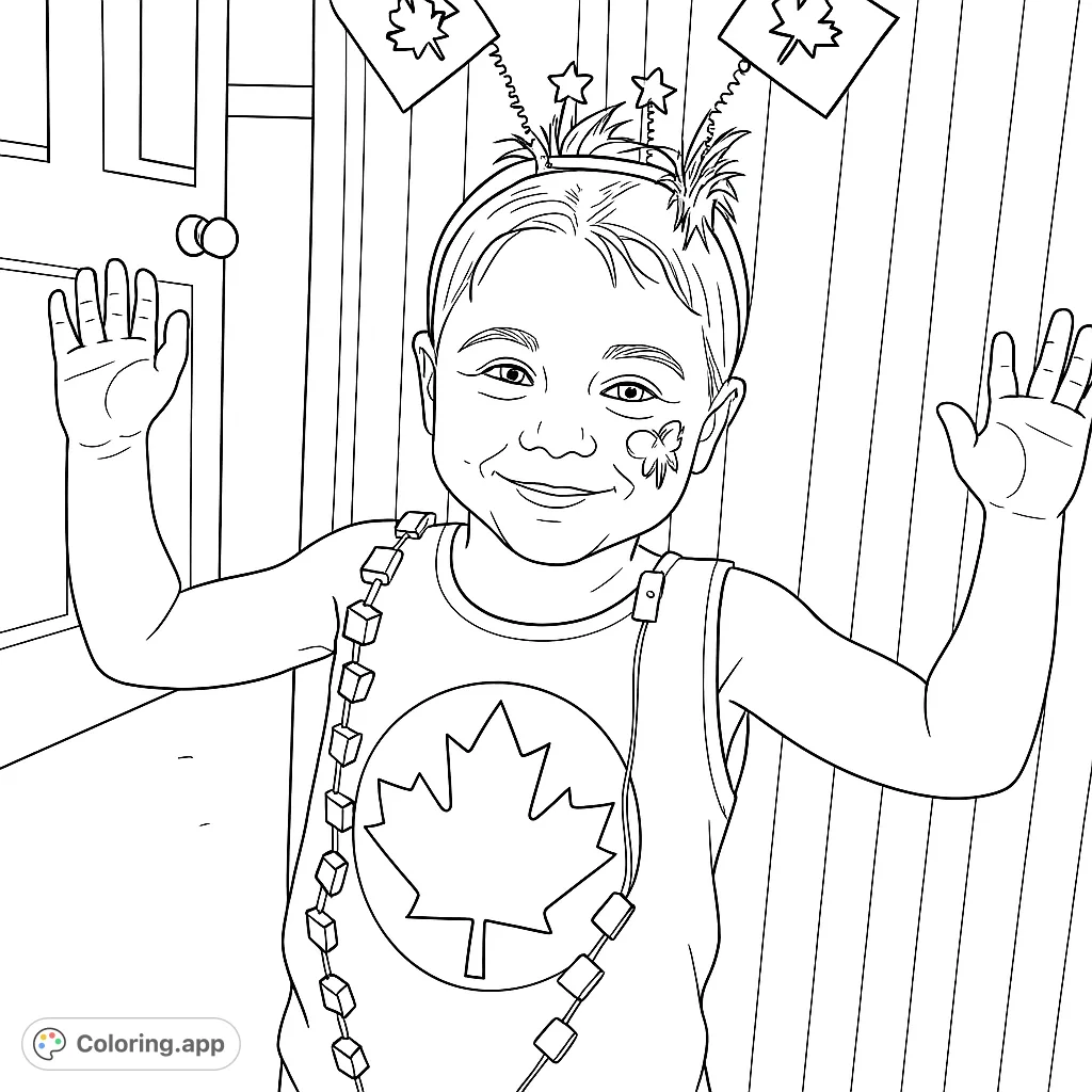 A joyful child celebrating with a maple leaf shirt, festive headband, and face paint. This patriotic child coloring page is perfect for creative fun!