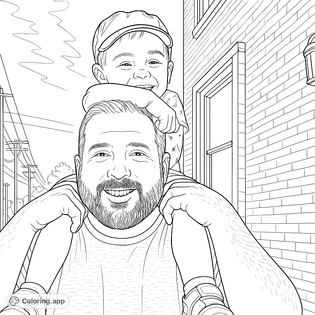 Experience the joy of a father and child shoulder ride outdoors. This delightful coloring page captures a heartwarming moment, perfect for expressing happiness and family bonds.