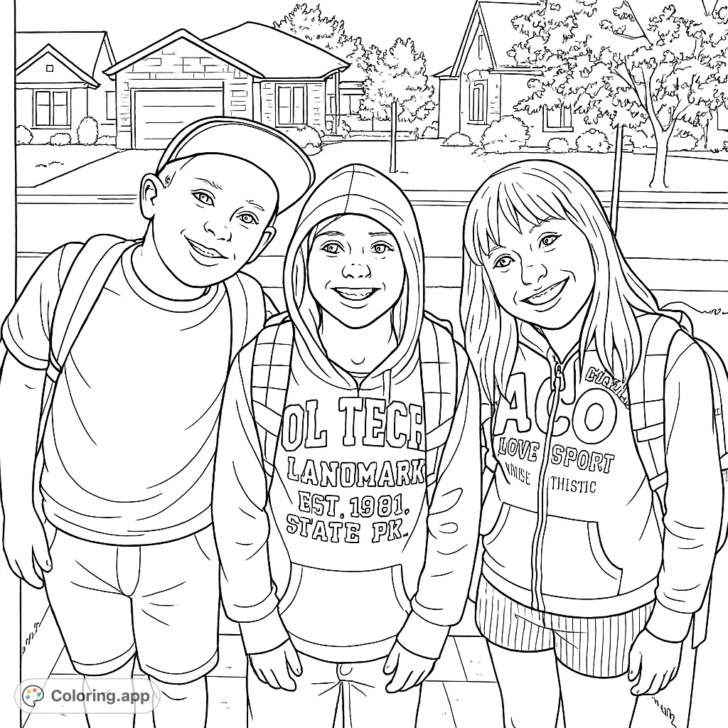 Three cheerful students with backpacks, ready for their day. A friendly scene featuring school friends in a suburban setting, perfect for young colorists.