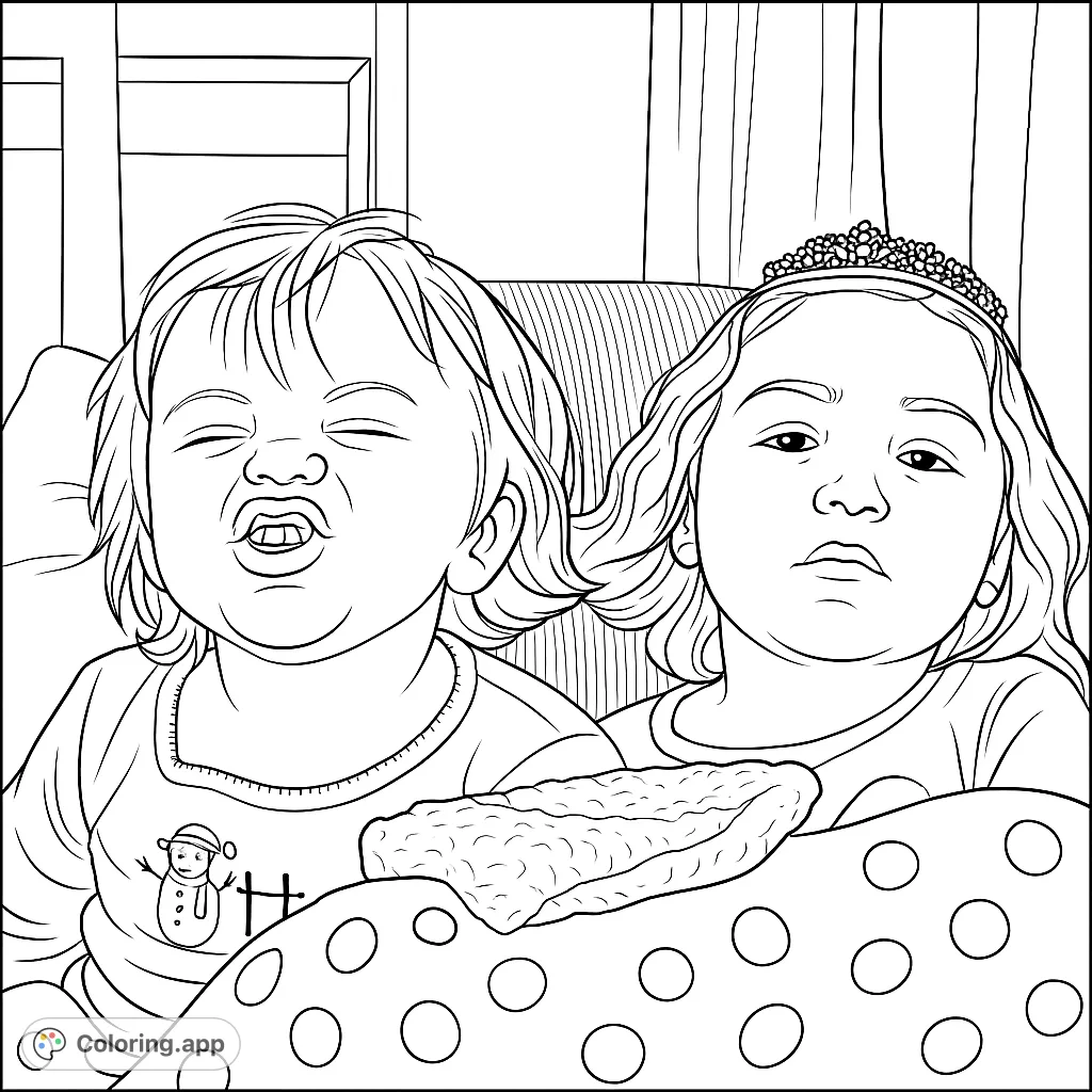 Capture a heartwarming moment of two young girls, one making a hilarious face and the other a princess. A fun, whimsical scene for budding artists!
