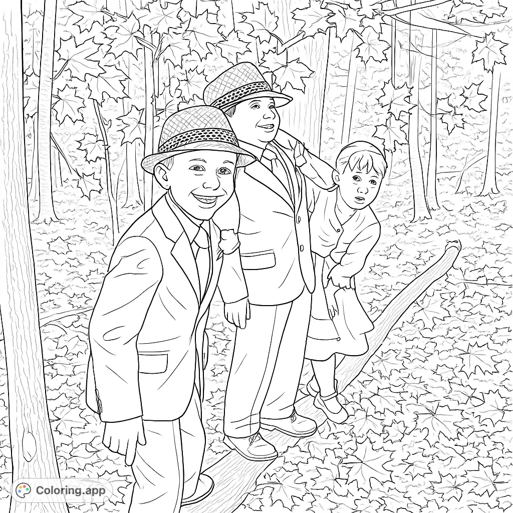 An engaging coloring page featuring two boys in stylish suits and a girl in a dress, exploring a woodland setting with fallen leaves and a tree branch.