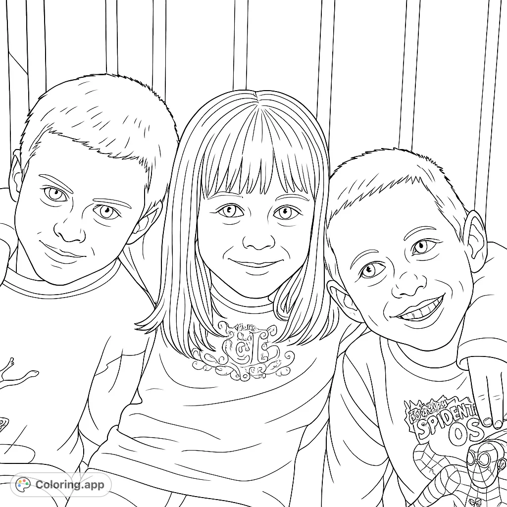 A heartwarming coloring page featuring three smiling children, two boys and a girl, posing together. Perfect for family, friendship, and childhood fun.