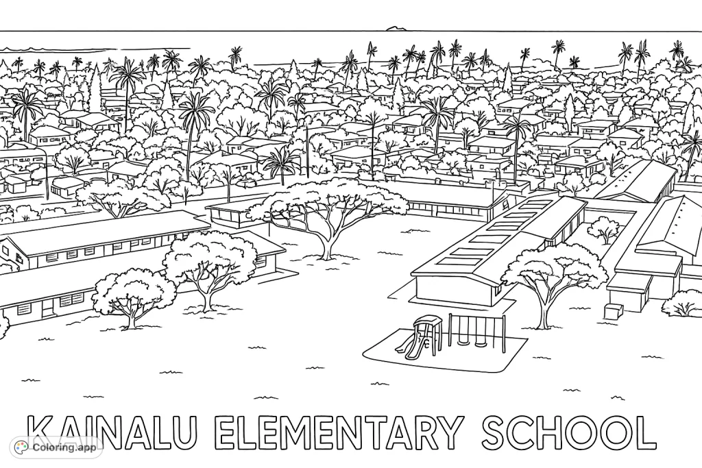 Explore an aerial view of a vibrant elementary school campus. This detailed scene features buildings, spacious fields, a playground, and a distant ocean vista.
