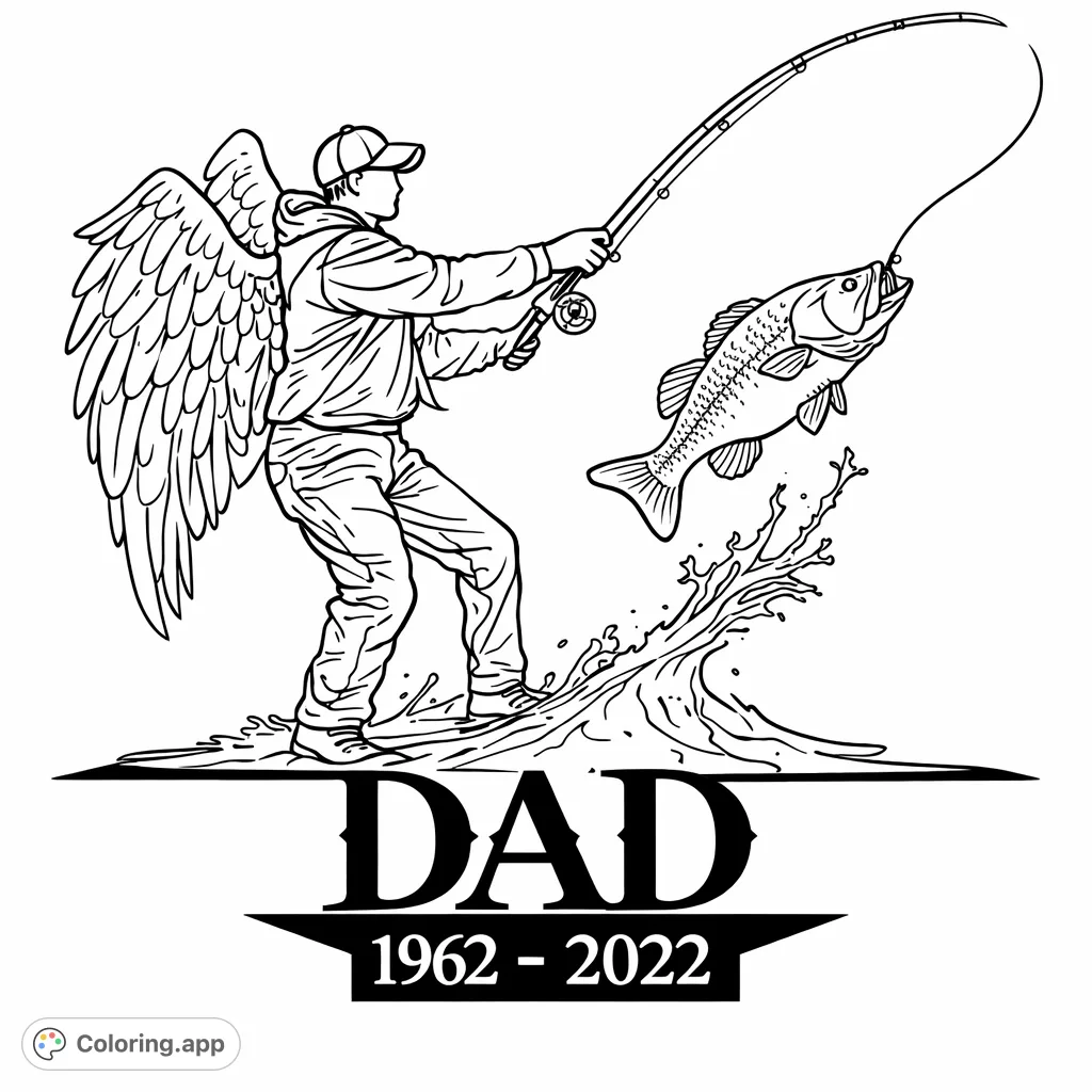 A powerful angelic fisherman, wings spread, reels in a leaping fish above stylized waters. A unique and heartfelt fishing-themed coloring page.