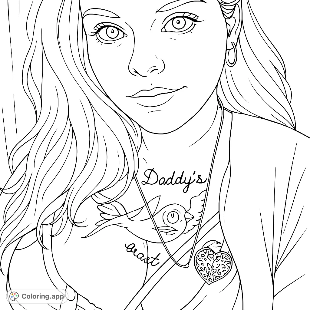 A detailed portrait of a woman with striking eyes and a thoughtful expression. Features include a nose piercing, flowing hair, chest tattoos, and a heart pendant.