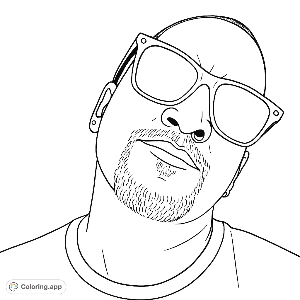 A striking portrait of a man in sunglasses with a textured beard and nose rings. Perfect for adult colorists exploring realistic human features.