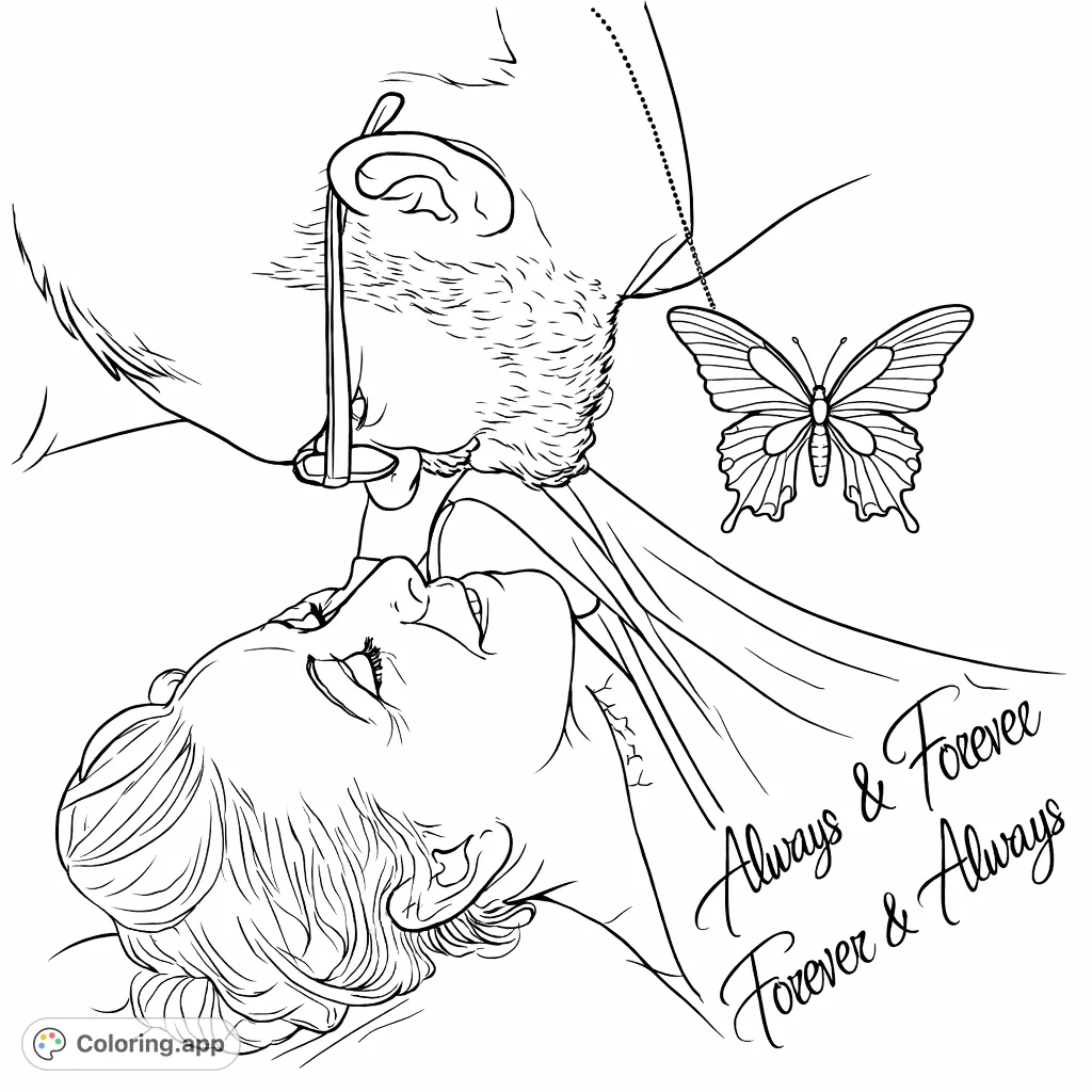 A tender moment between two people, featuring an affectionate embrace and a symbolic butterfly. Perfect for celebrating love and connection.