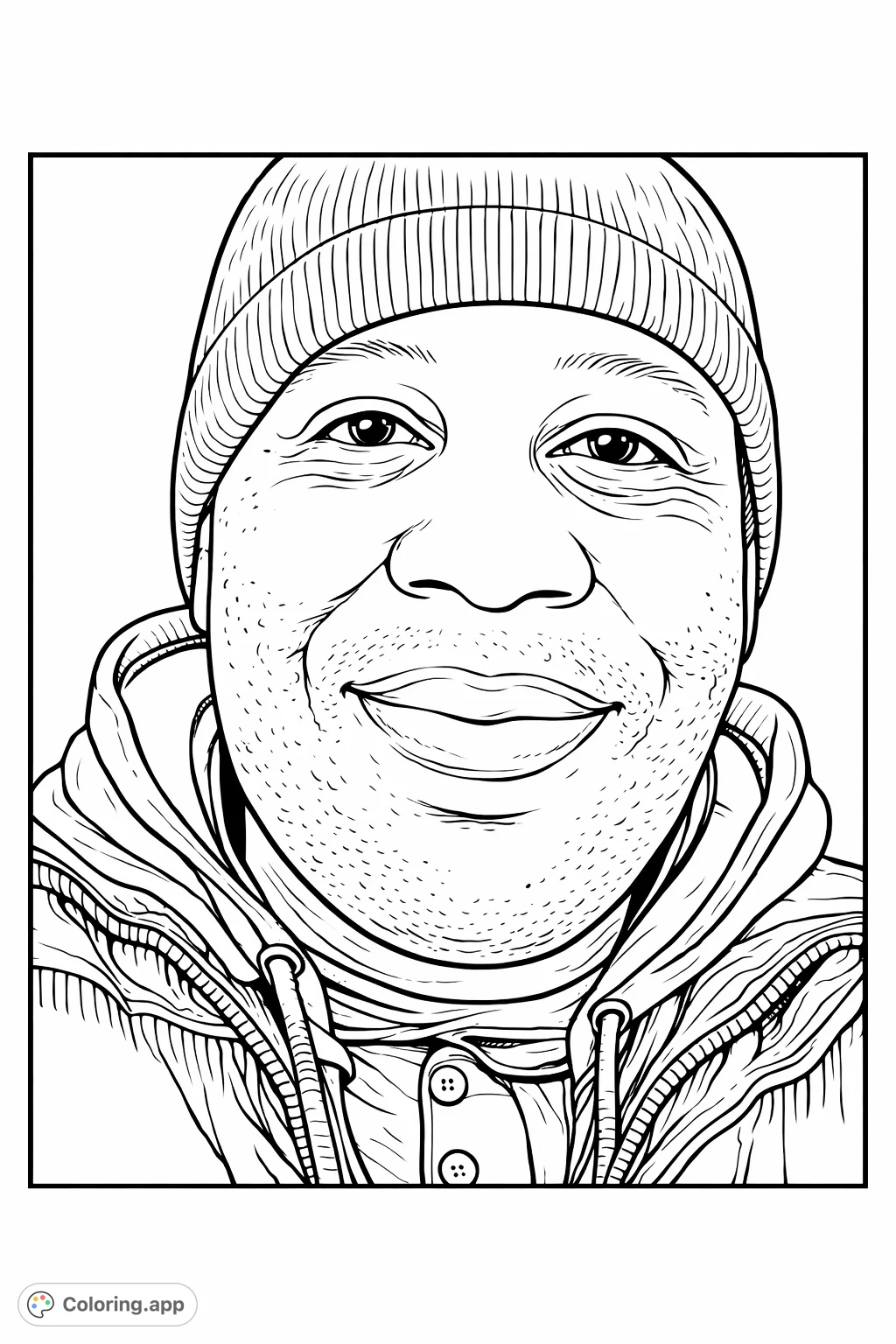 Capture a cheerful individual in a knit beanie and layered attire. This detailed portrait offers a wonderful canvas for expressing personality and warmth through color.