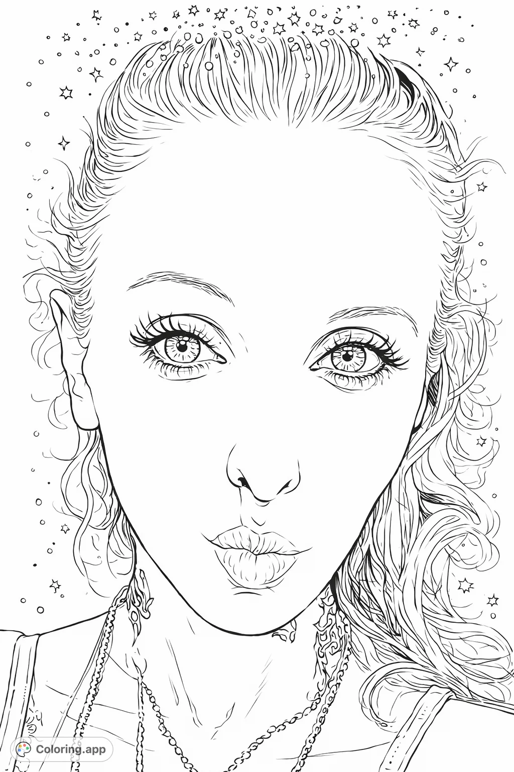 Capture the allure of a sparkling portrait with a playful pout and intricate details. This captivating woman coloring page invites creative expression and personal style.