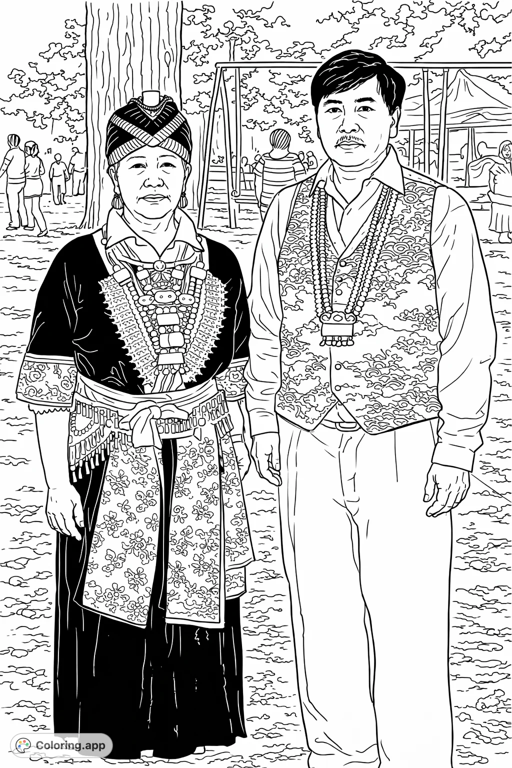 Discover intricate traditional cultural attire with detailed patterns and jewelry in this challenging coloring page, perfect for cultural exploration.