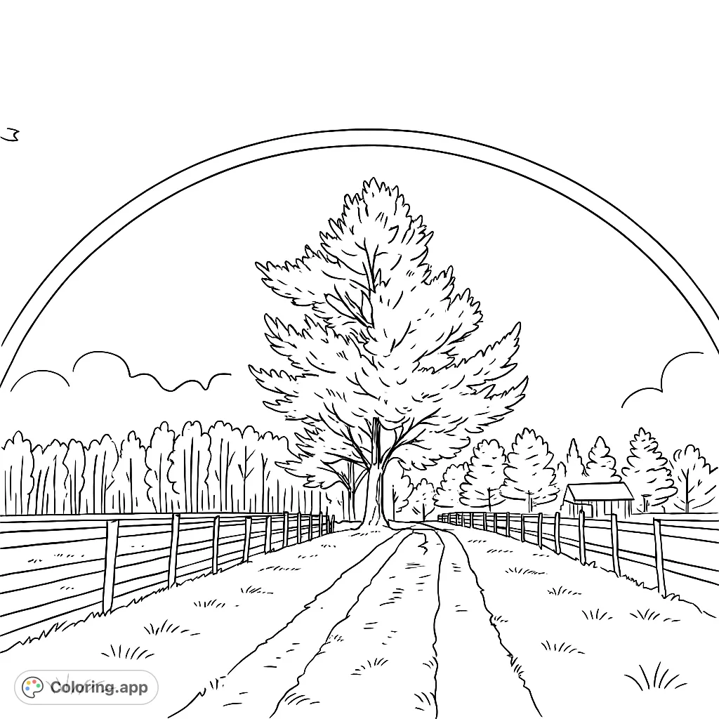 A tranquil countryside scene with a prominent evergreen tree, winding path, and an inspiring arch across the sky, offering a peaceful coloring escape.