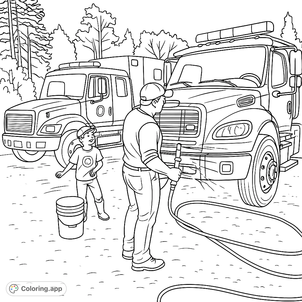 Join an adult and child washing massive fire trucks in this engaging scene. Perfect for aspiring firefighters to color and imagine a day of heroic vehicle care.